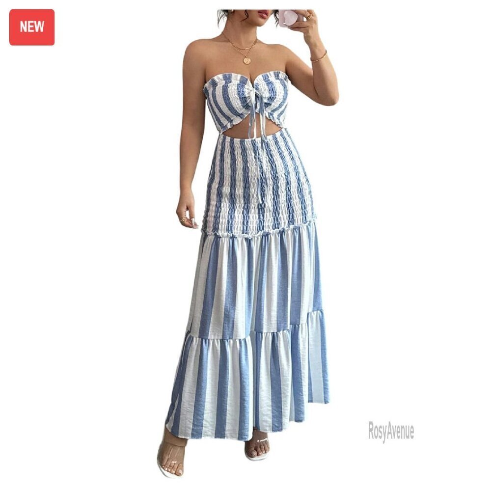 Strapless Maxi Tube Dress Ruffle Hem Cut Out Summer Vacation Long Dress